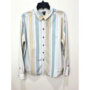 Patagonia Women M Organic Cotton Hemp Button Up Striped Shirt Lightweight Blue